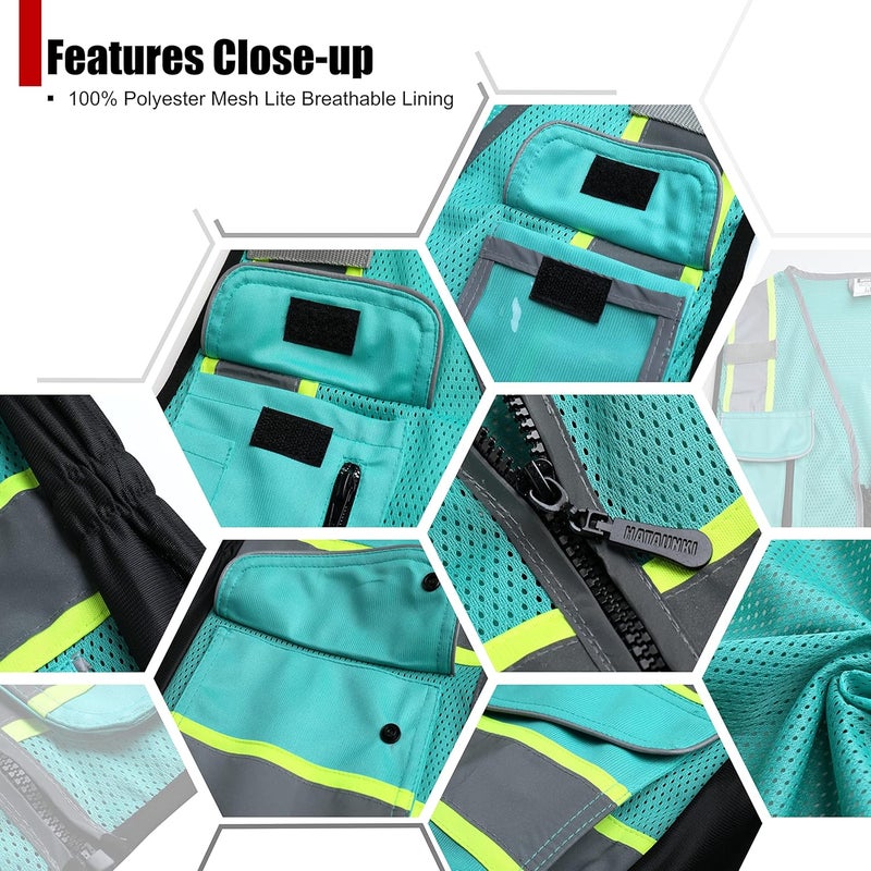 HATAUNKI High Visibility Reflection Peacock Mesh Safety Vests with 9 Pockets and Front Zipper, hi vis safety vest for Women, Meets ANSI/ISEA Standards(Peacock-16,XL) - Image 4